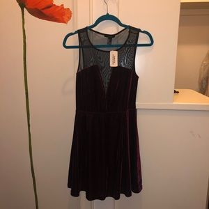 Burgundy Velvet Skater Dress with V neck mesh top